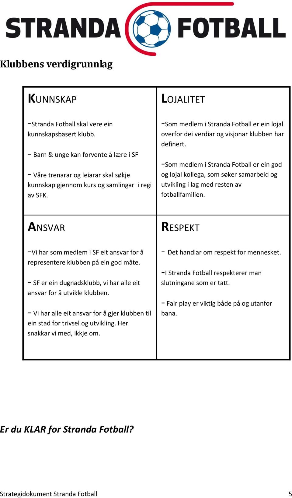 -Som medlem i Stranda Fotball er ein lojal overfor dei verdiar og visjonar klubben har definert.
