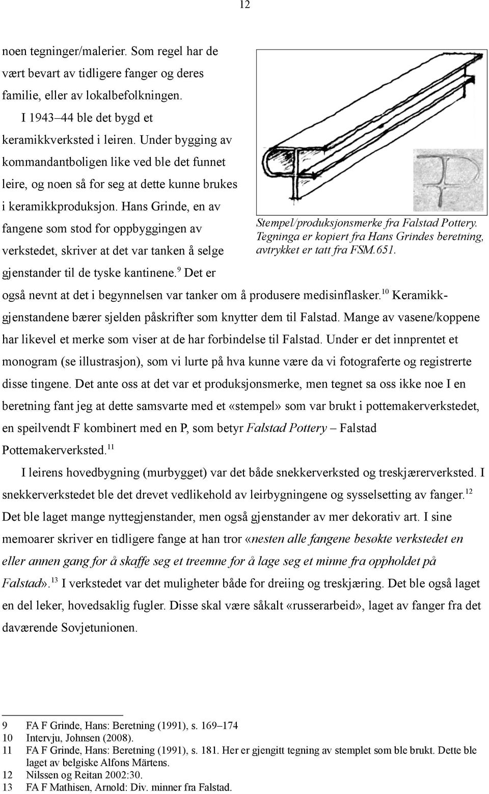 Hans Grinde, en av fangene som sod for oppbyggingen av versede, sriver a de var anen å selge Sempel/produsjonsmere fra Falsad Poery. Tegninga er opier fra Hans Grindes berening, avrye er a fra FSM.6.