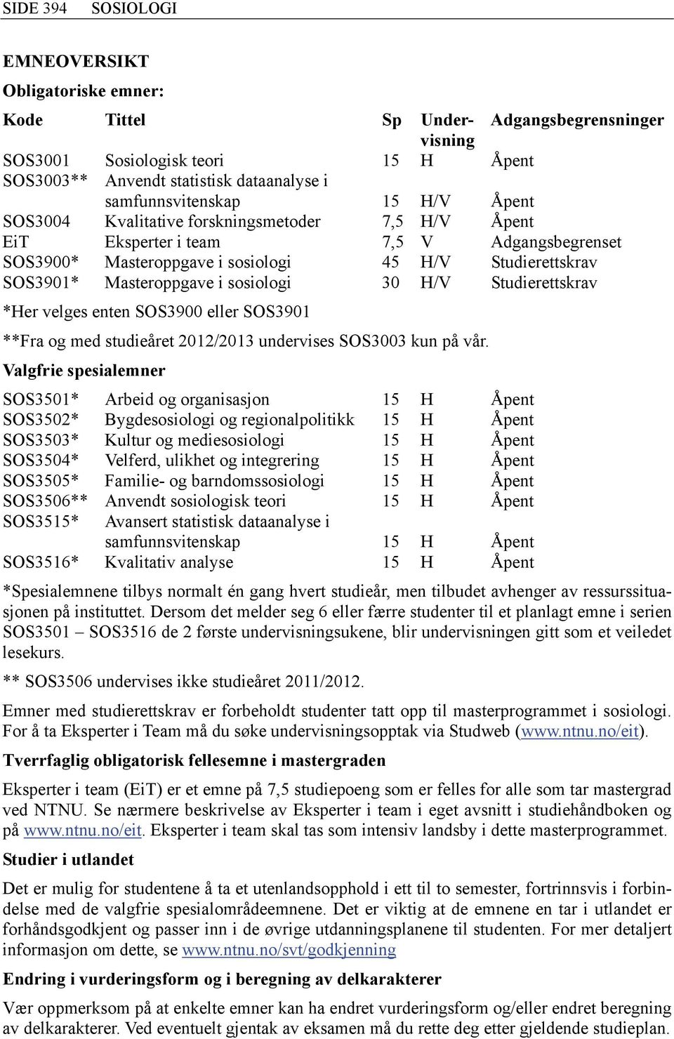 H/V Studierettskrav *Her velges enten SOS3900 eller SOS3901 **Fra og med studieåret 2012/2013 undervises SOS3003 kun på vår.