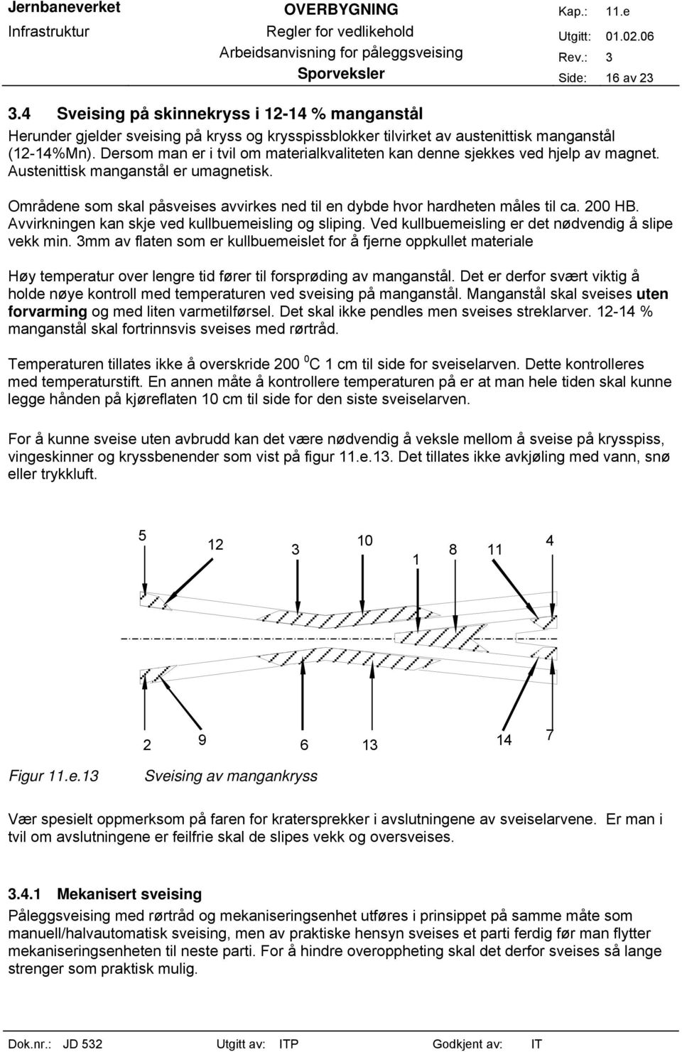 Områdene som skal påsveises avvirkes ned til en dybde hvor hardheten måles til ca. 200 HB. Avvirkningen kan skje ved kullbuemeisling og sliping. Ved kullbuemeisling er det nødvendig å slipe vekk min.