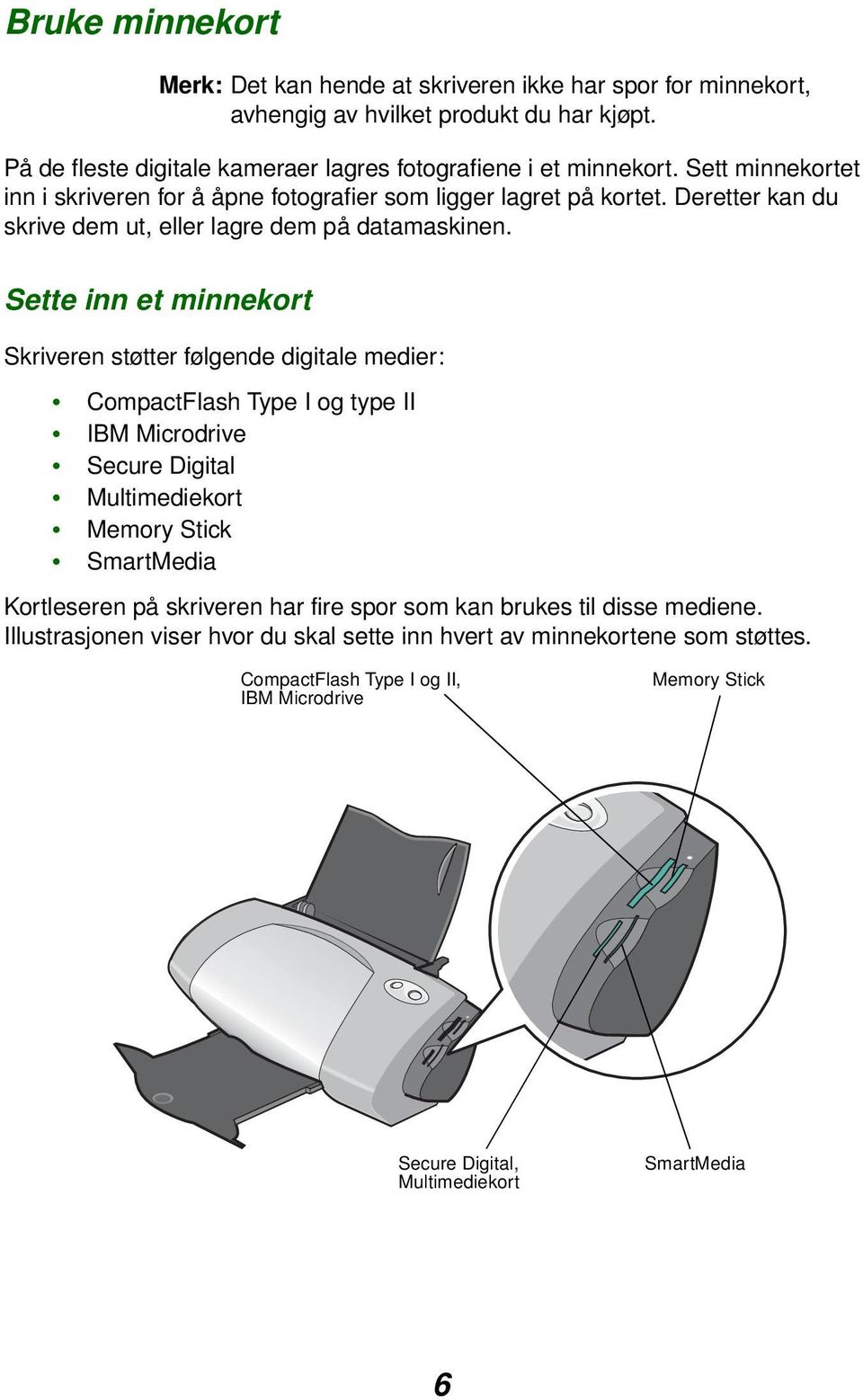 Sette inn et minnekort Skriveren støtter følgende digitale medier: CompactFlash Type I og type II IBM Microdrive Secure Digital Multimediekort Memory Stick SmartMedia Kortleseren på