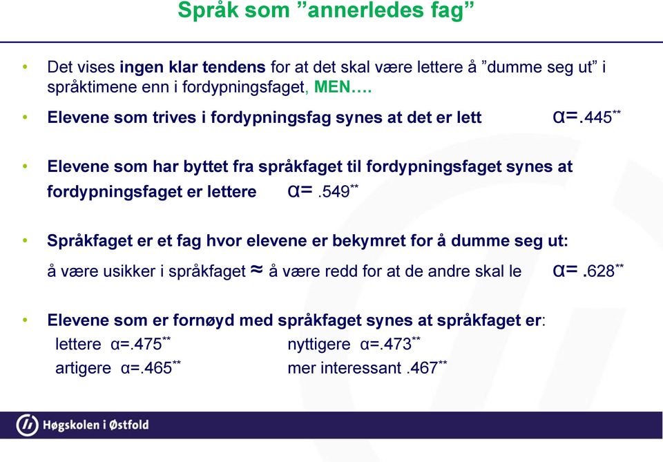 445 ** Elevene som har byttet fra språkfaget til fordypningsfaget synes at fordypningsfaget er lettere α=.