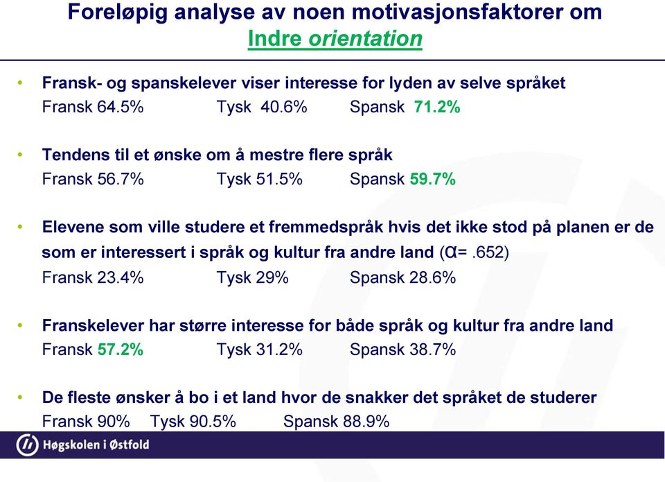 7% Elevene som ville studere et fremmedspråk hvis det ikke stod på planen er de som er interessert i språk og kultur fra andre land (α=.652) Fransk 23.