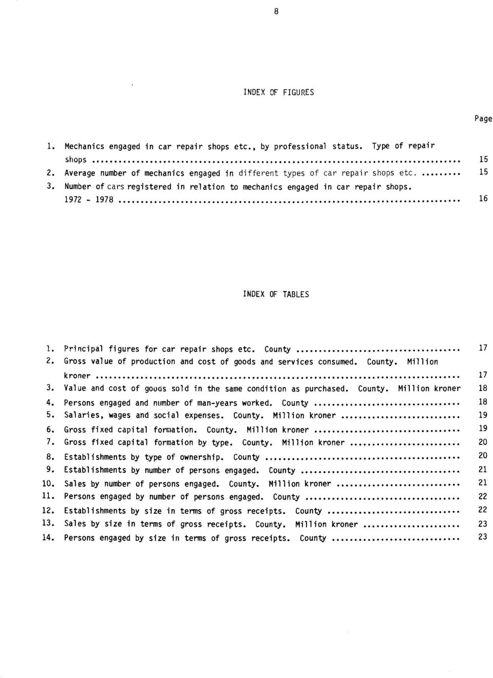 1972-1978 16 INDEX OF TABLES 1 Principal figures for car repair shops etc. County 17 2. Gross value of production and cost of goods and services consumed. County. Million kroner 17 3.