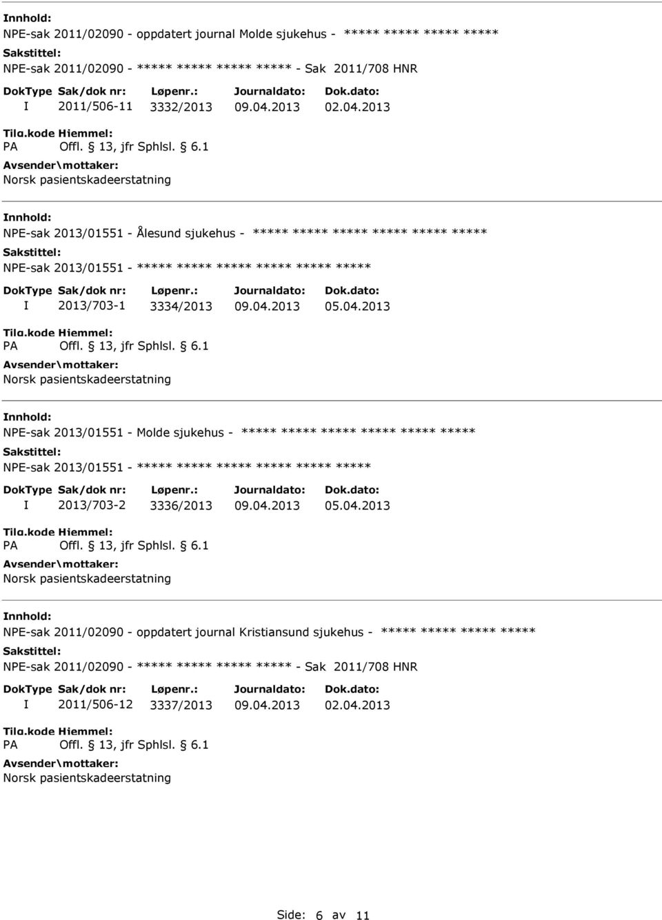 04.2013 NPE-sak 2011/02090 - oppdatert journal Kristiansund sjukehus - NPE-sak 2011/02090 - - Sak 2011/708 HNR