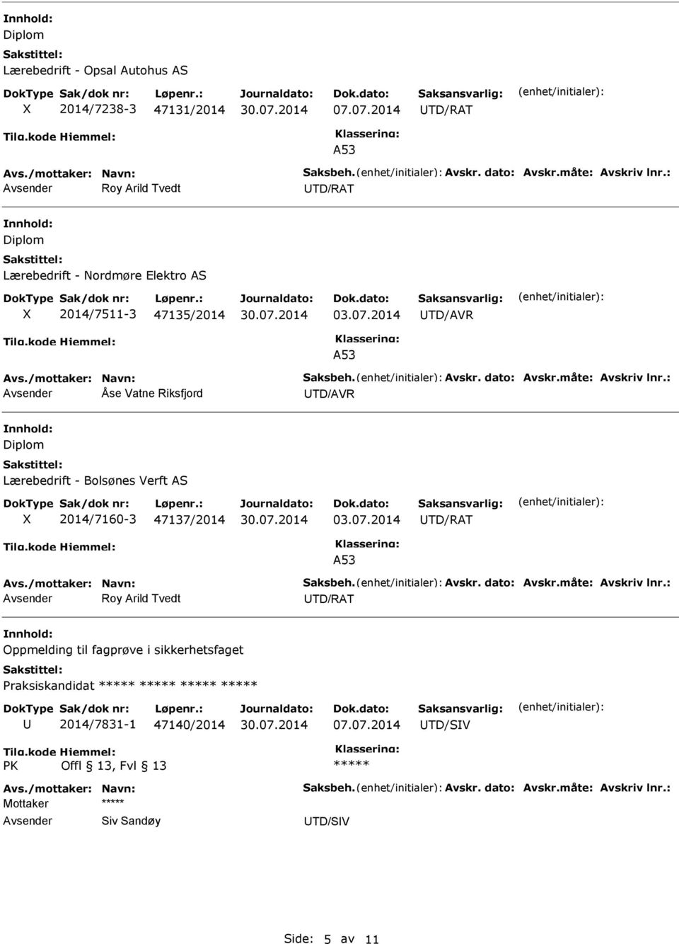 : Diplom Lærebedrift - Bolsønes Verft AS X 2014/7160-3 47137/2014 03.07.2014 TD/RAT A53 Avs./mottaker: Navn: Saksbeh. Avskr. dato: Avskr.måte: Avskriv lnr.