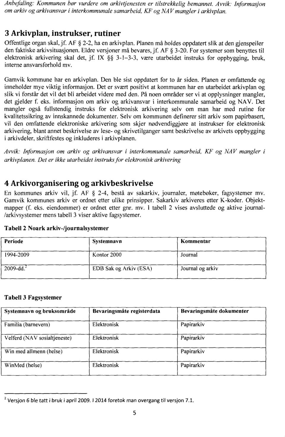 AF 3-20. For systemer som benyttes til elektronisk arkivering skal det, jf. IX 3-1-3-3, være utarbeidet instruks for oppbygging, bruk, interne ansvarsforhold mv. Gamvik kommune har en arkivplan.