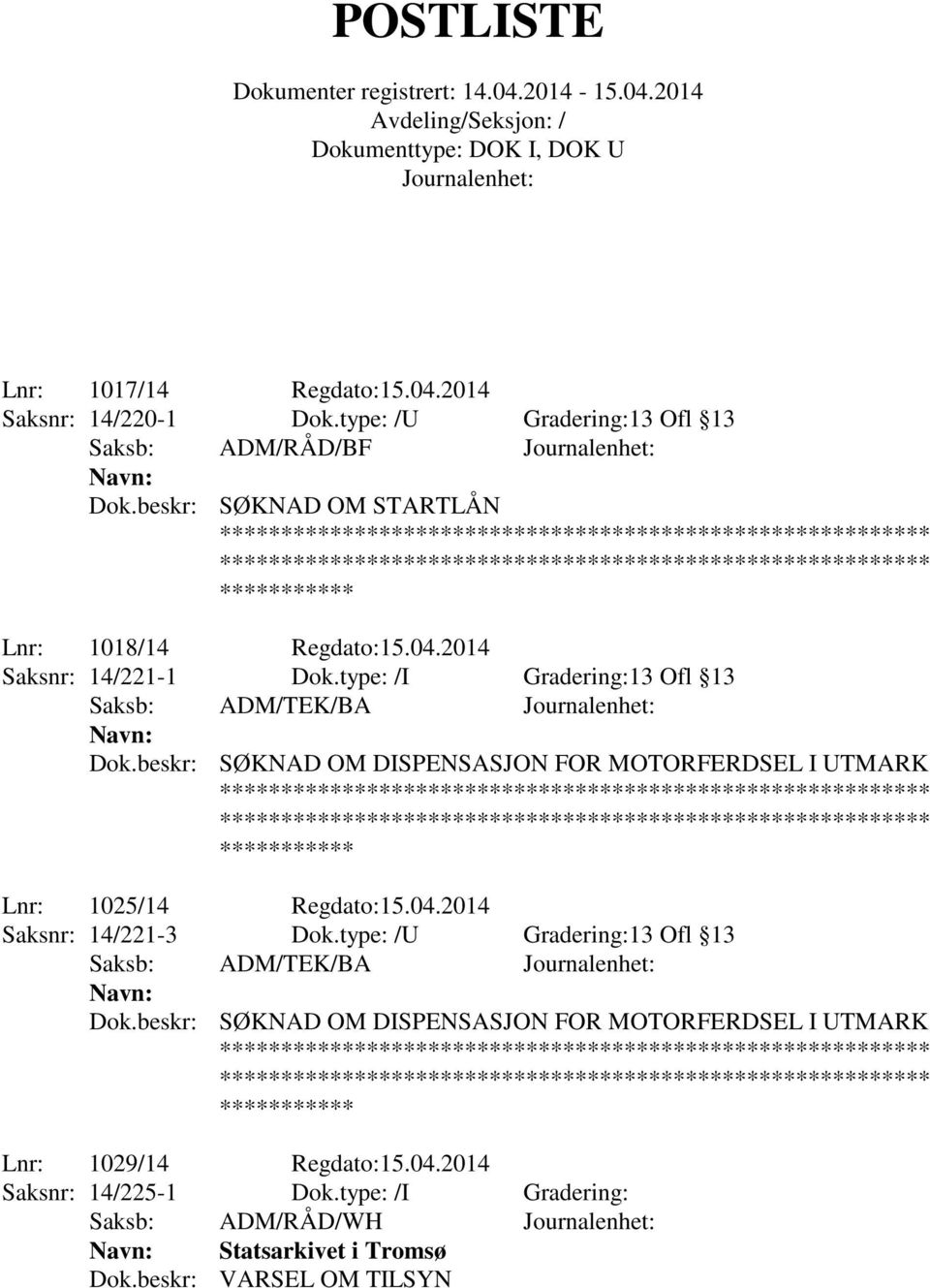 type: /I Gradering:13 Ofl 13 Saksb: ADM/TEK/BA Lnr: 1025/14 Regdato:15.04.2014 Saksnr: 14/221-3 Dok.