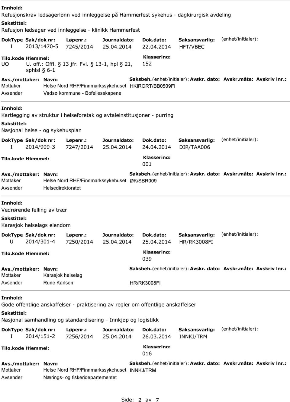 : Mottaker Helse Nord RHF/Finnmarkssykehuset HKRORT/BB0509F Avsender Vadsø kommune - Bofellesskapene nnhold: Kartlegging av struktur i helseforetak og avtaleinstitusjoner - purring Nasjonal helse -