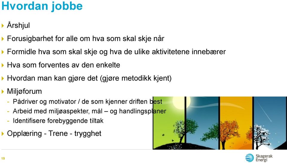 (gjøre metodikk kjent) Miljøforum - Pådriver og motivator / de som kjenner driften best - Arbeid