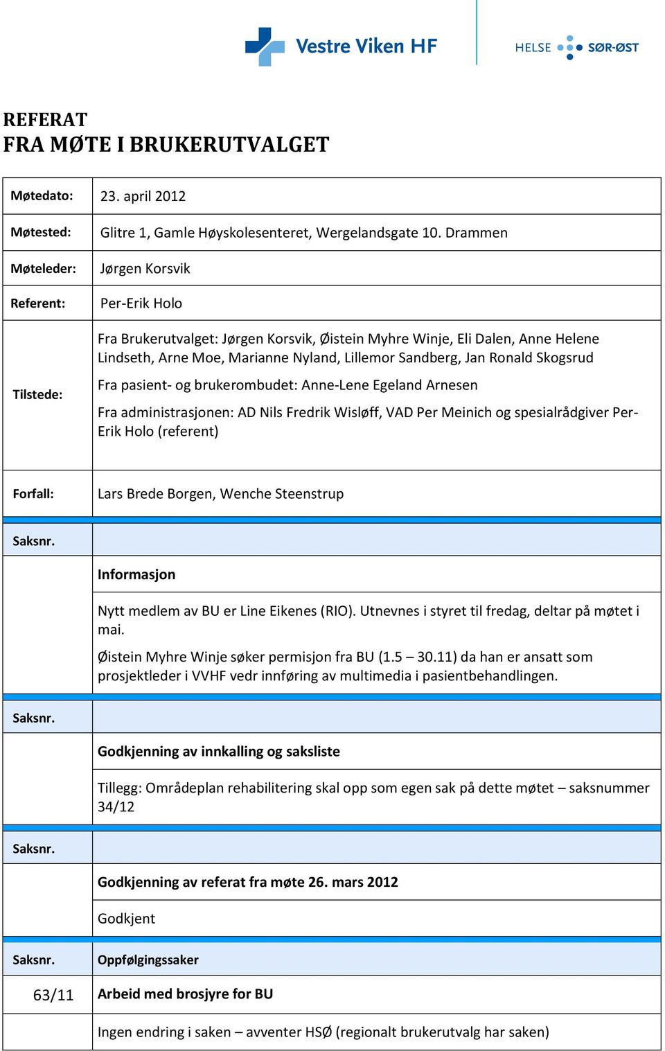 pasient- og brukerombudet: Anne-Lene Egeland Arnesen Fra administrasjonen: AD Nils Fredrik Wisløff, VAD Per Meinich og spesialrådgiver Per- Erik Holo (referent) Forfall: Lars Brede Borgen, Wenche