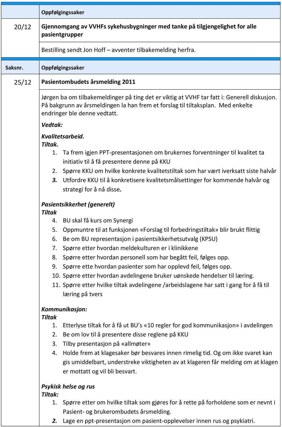 På bakgrunn av årsmeldingen la han frem et forslag til tiltaksplan. Med enkelte endringer ble denne vedtatt. Vedtak: Kvalitetsarbeid. Tiltak. 1.