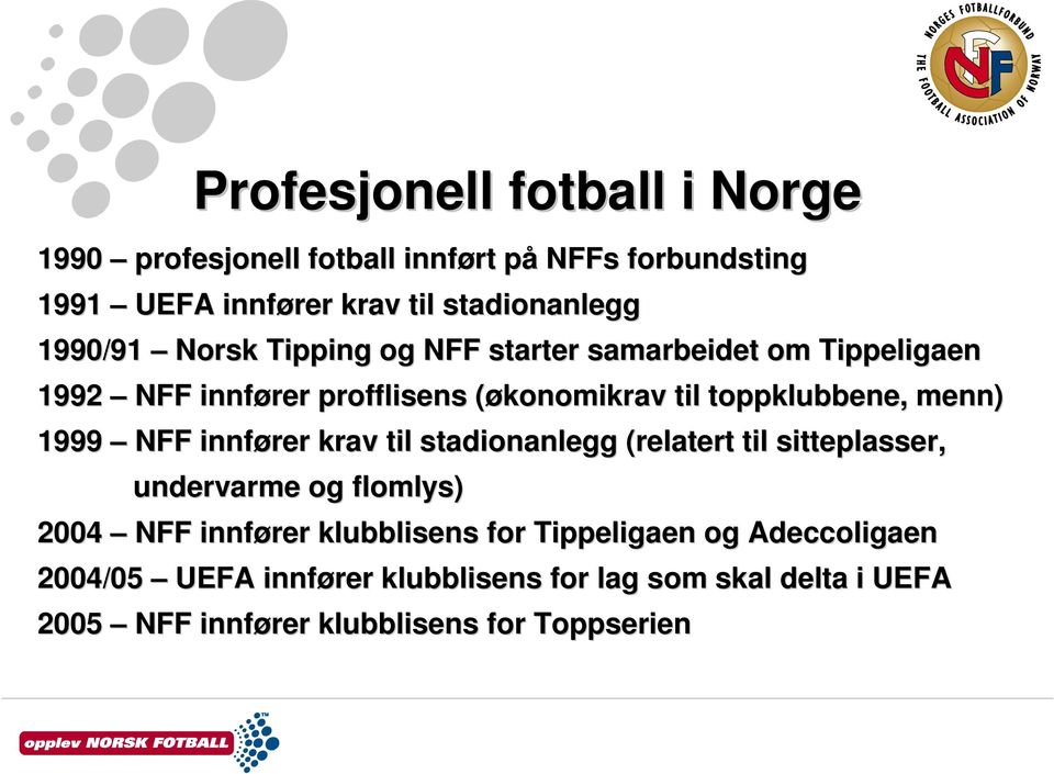 menn) 1999 NFF innfører krav til stadionanlegg (relatert til sitteplasser, undervarme og flomlys) 2004 NFF innfører klubblisens