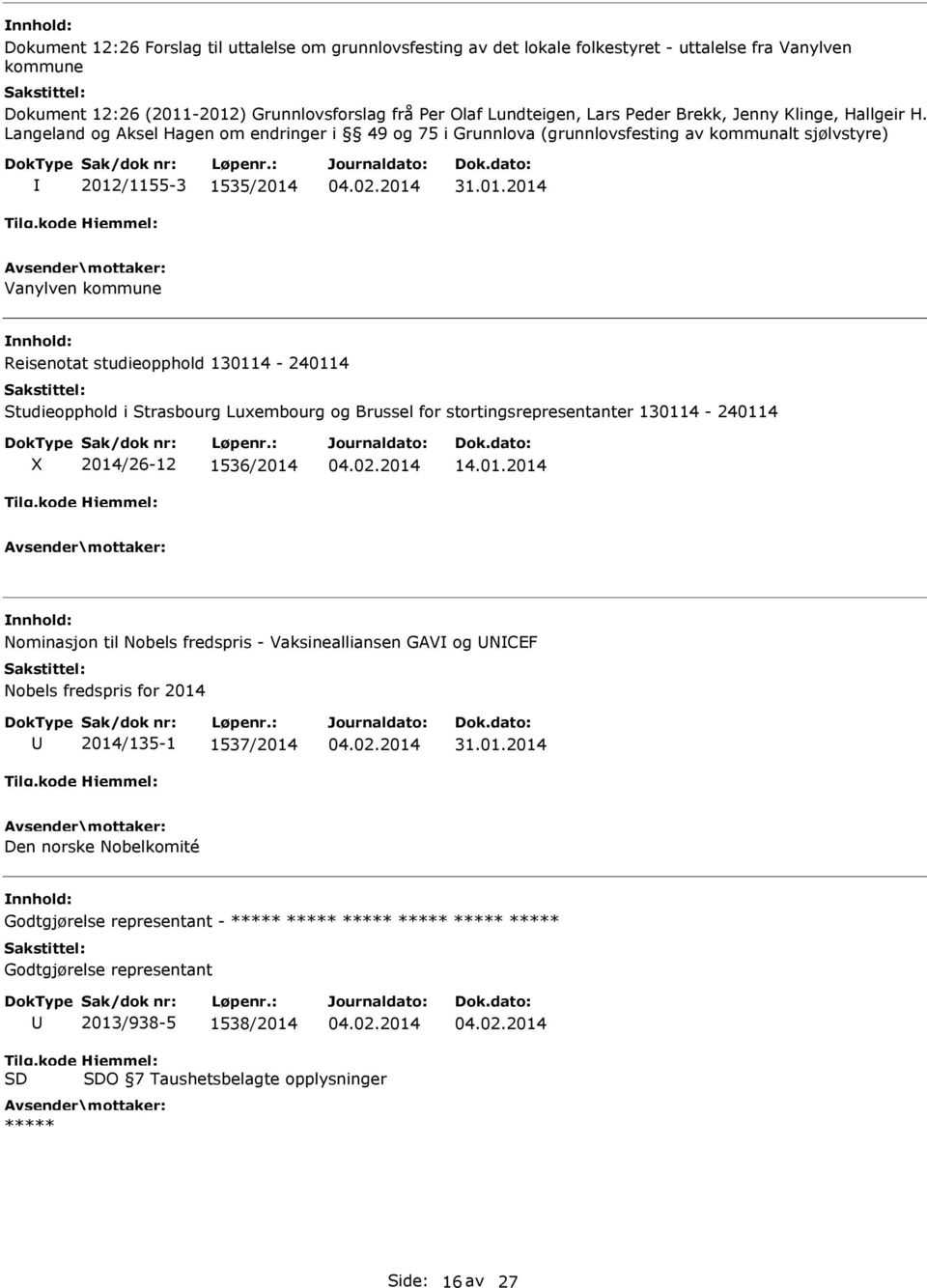 Langeland og Aksel Hagen om endringer i 49 og 75 i Grunnlova (grunnlovsfesting av kommunalt sjølvstyre) 2012/1155-3 1535/2014 Vanylven kommune Reisenotat studieopphold 130114-240114 Studieopphold i