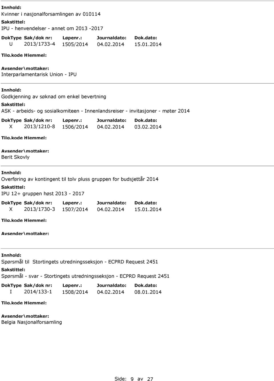 -2017 2013/1733-4 1505/2014 15.01.2014 nterparlamentarisk nion - P Godkjenning av søknad om enkel bevertning ASK - arbeids- og sosialkomiteen -