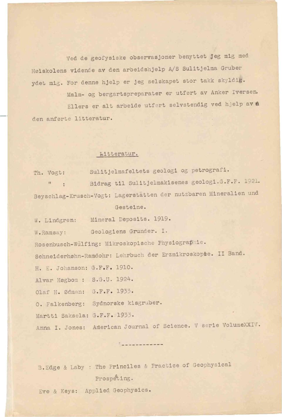 Vogt: Sulitjelmafeltetsgeologi og petrografi. Bidrag til Sulitjelmakisenesgeologi.G.F.F.1921. Beyschlag-Krusch-Vogt:Lagerståttender nutzbarenmineralienund Gesteine. W. Lindgren: Mineral Deposits.1919.