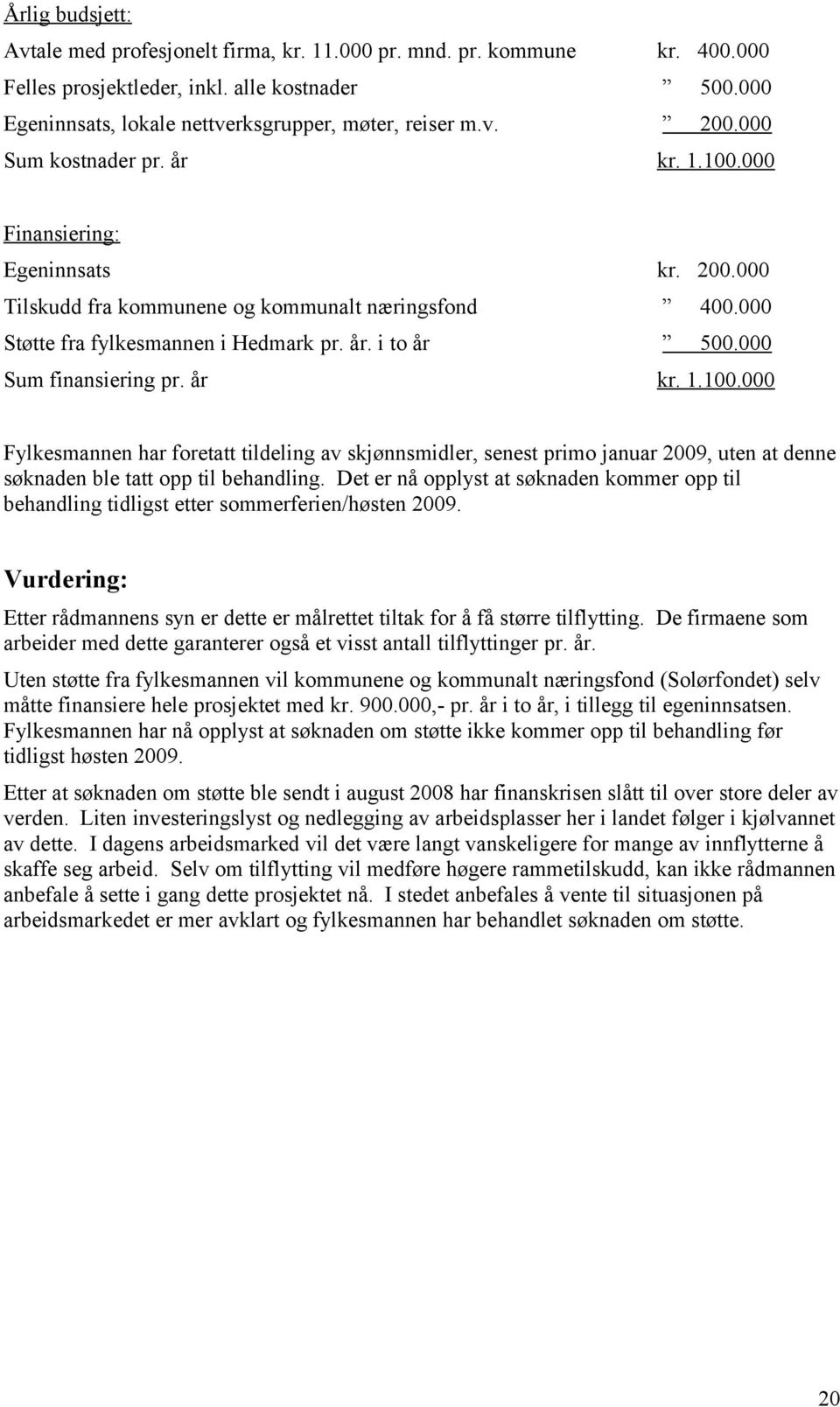 000 Sum finansiering pr. år kr. 1.100.000 Fylkesmannen har foretatt tildeling av skjønnsmidler, senest primo januar 2009, uten at denne søknaden ble tatt opp til behandling.