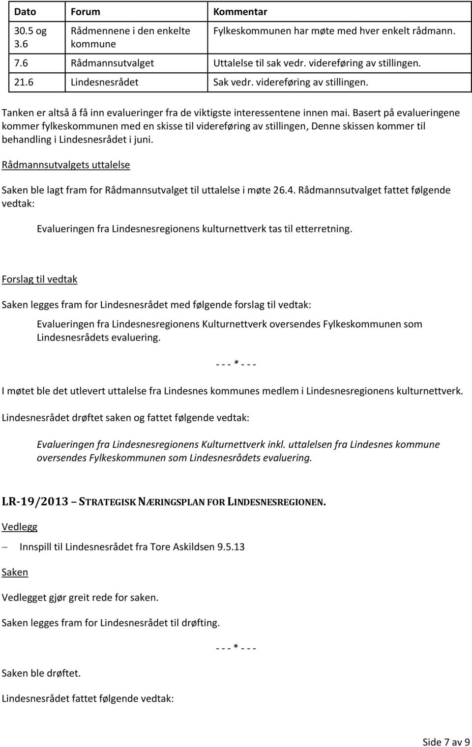 Basert på evalueringene kommer fylkeskommunen med en skisse til videreføring av stillingen, Denne skissen kommer til behandling i Lindesnesrådet i juni.