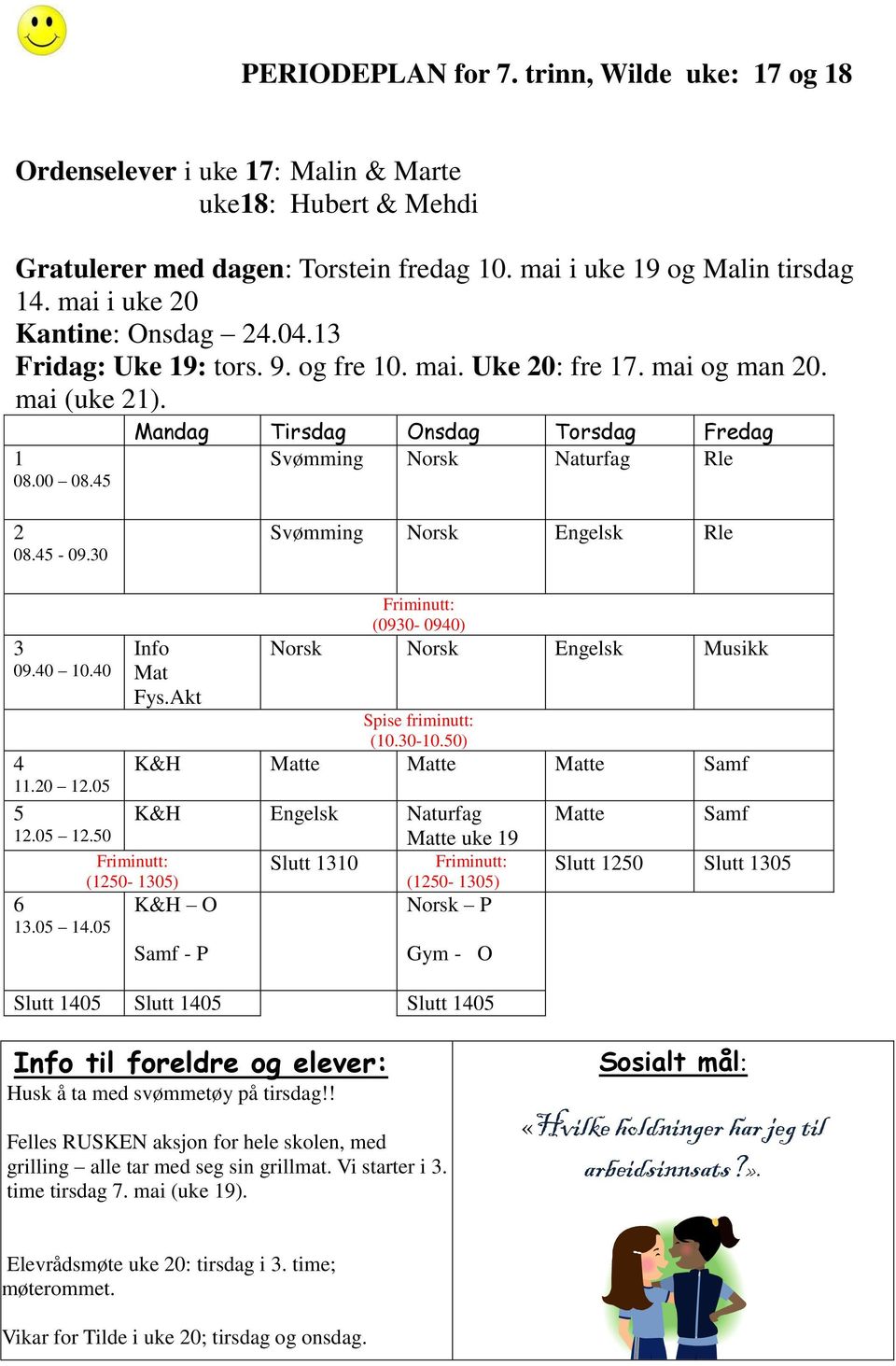 45 Mandag Tirsdag Onsdag Torsdag Svømming Norsk Naturfag Rle 2 08.45-09.30 Svømming Norsk Engelsk Rle 3 09.40 10.40 4 11.20 12.05 5 12.05 12.50 6 13.05 14.05 Info Mat Fys.