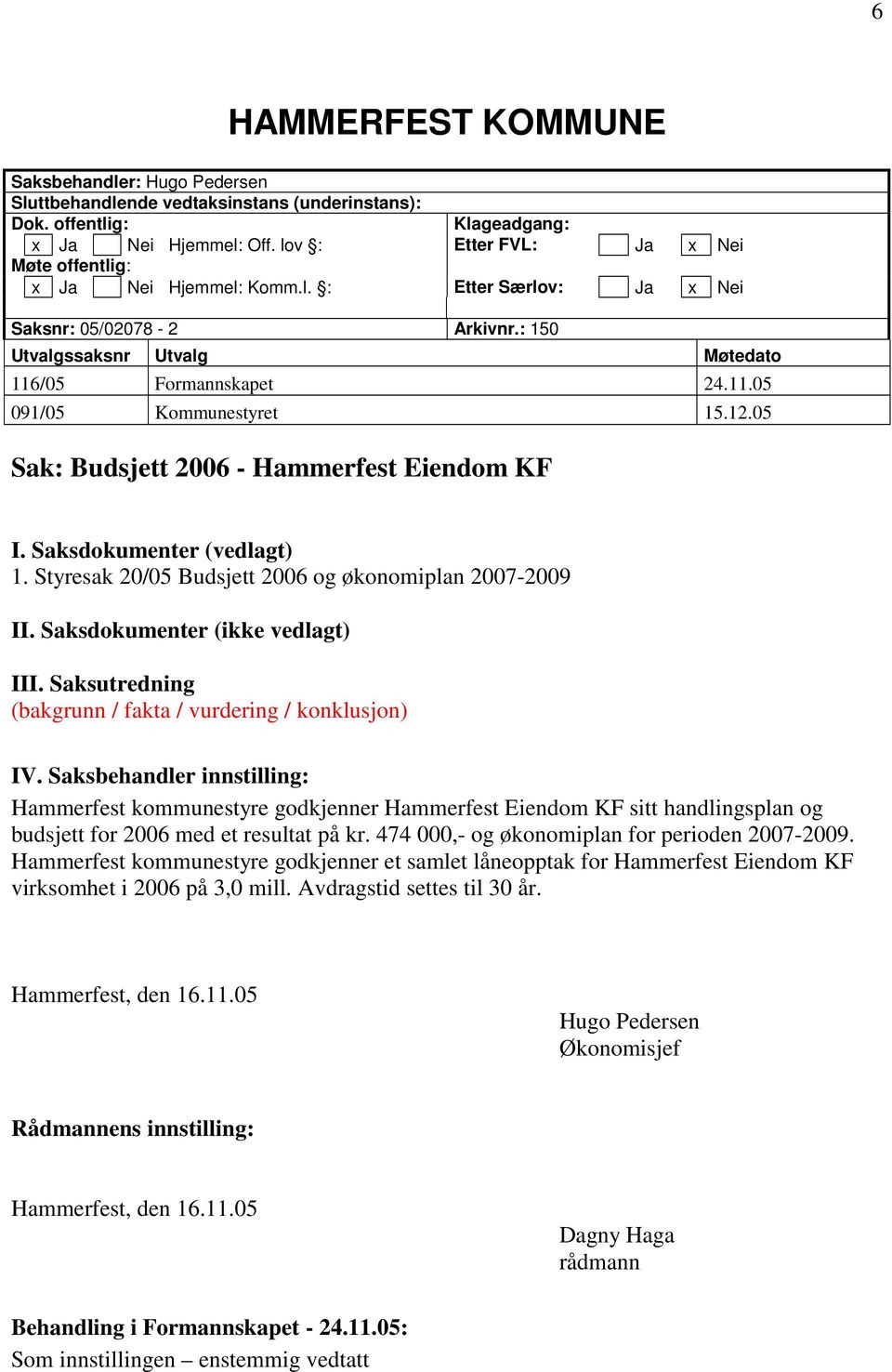 12.05 Sak: Budsjett 2006 - Hammerfest Eiendom KF I. Saksdokumenter (vedlagt) 1. Styresak 20/05 Budsjett 2006 og økonomiplan 2007-2009 II. Saksdokumenter (ikke vedlagt) III.
