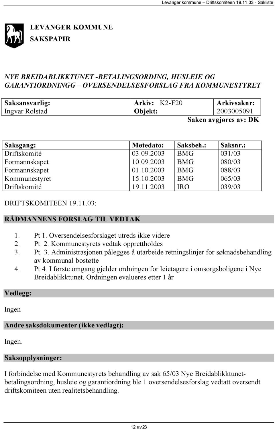 11.2003 IRO 039/03 DRIFTSKOMITEEN 19.11.03: RÅDMANNENS FORSLAG TIL VEDTAK 1. Pt 1. Oversendelsesforslaget utreds ikke videre 2. Pt. 2. Kommunestyrets vedtak opprettholdes 3.