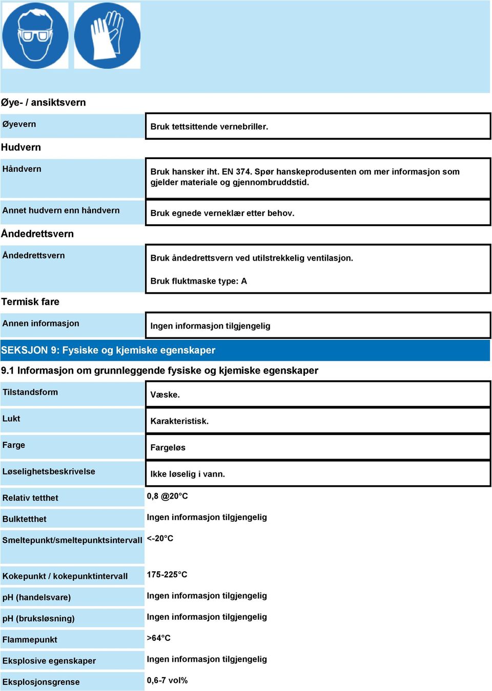 Bruk fluktmaske type: A Termisk fare Annen informasjon SEKSJON 9: Fysiske og kjemiske egenskaper 9.