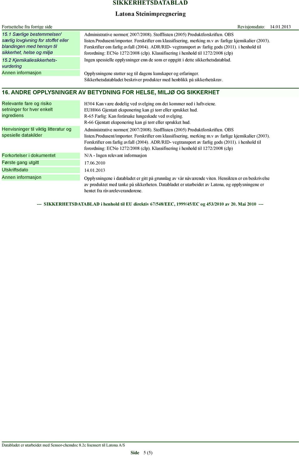 ADR/RID- vegtransport av farlig gods (2011). i henhold til forordning: ECNo 1272/2008 (clp).