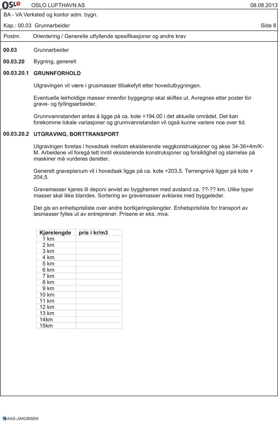 Avregnes etter poster for grave- og fyllingsarbeider. Grunnvannstanden antas å ligge på ca. kote +194.00 i det aktuelle området.