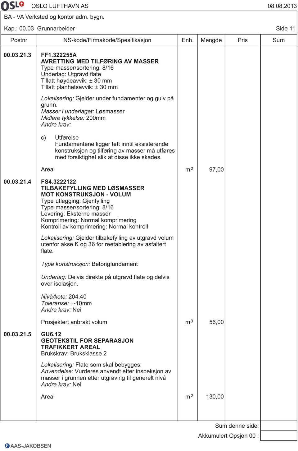 gulv på grunn. Masser i underlaget: Løsmasser Midlere tykkelse: 200mm c) Utførelse Fundamentene ligger tett inntil eksisterende konstruksjon og tilføring av masser må utføres Areal m 2 97,00 00.03.21.