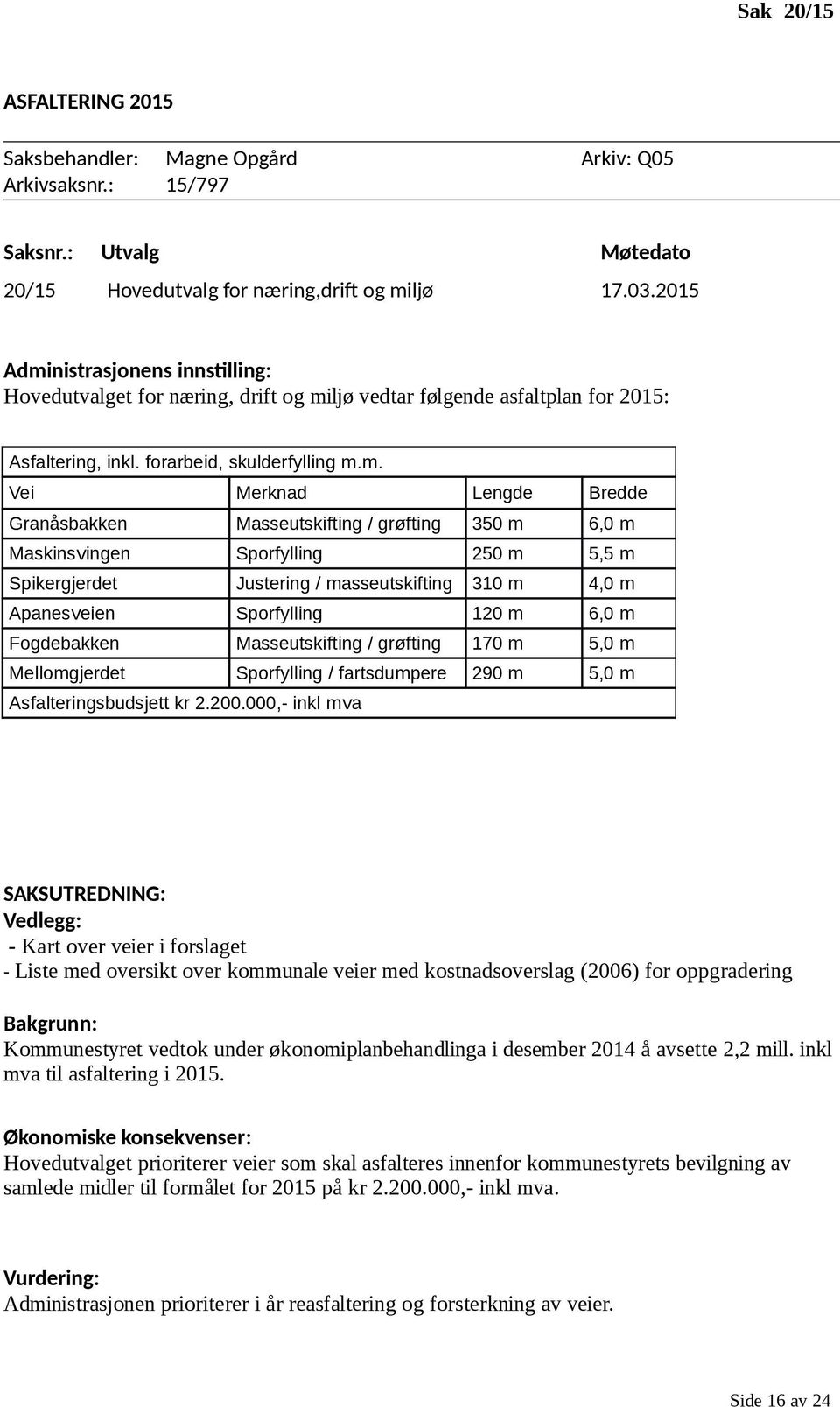 nistrasjonens innstilling: Hovedutvalget for næring, drift og mi