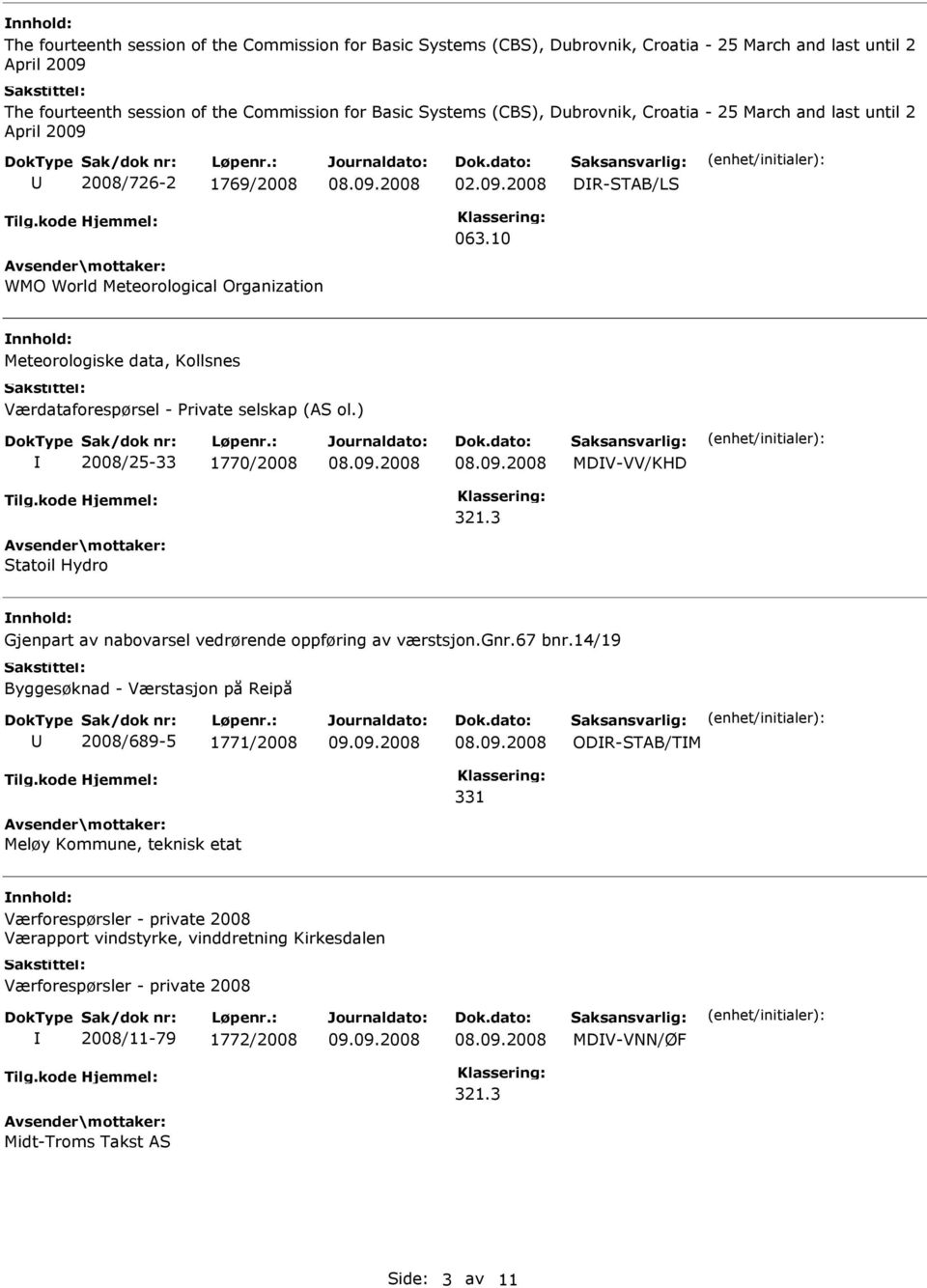 10 WMO World Meteorological Organization Meteorologiske data, Kollsnes Værdataforespørsel - rivate selskap (AS ol.) 2008/25-33 1770/2008 MDV-VV/KHD 321.