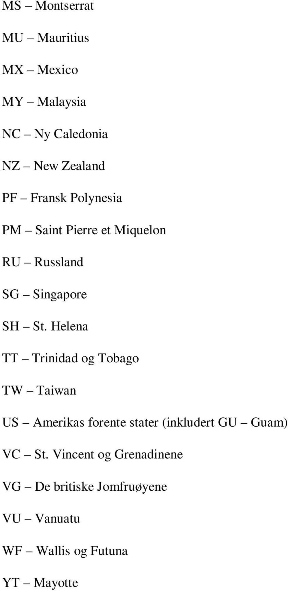 Helena TT Trinidad og Tobago TW Taiwan US Amerikas forente stater (inkludert GU Guam)