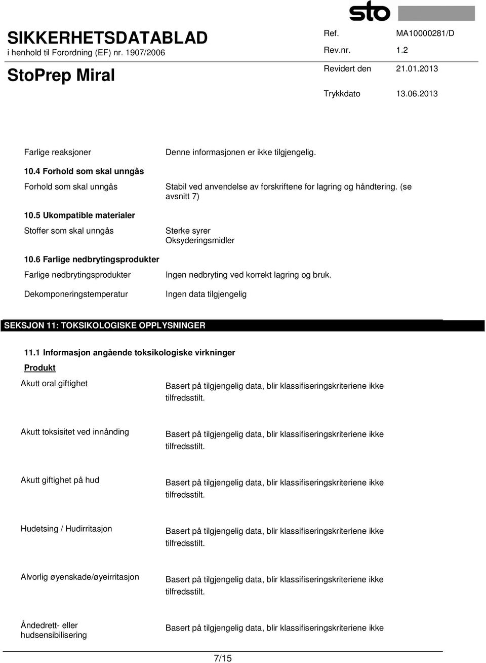 6 Farlige nedbrytingsprodukter Farlige nedbrytingsprodukter Dekomponeringstemperatur Sterke syrer Oksyderingsmidler Ingen nedbryting ved korrekt lagring og bruk.