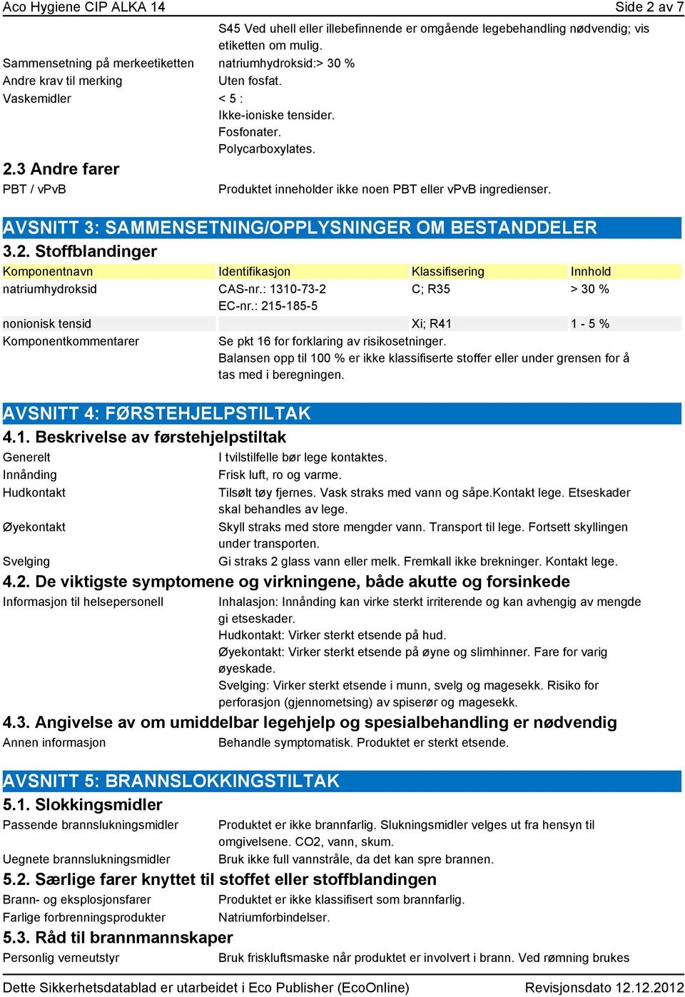 3 Andre farer PBT / vpvb Produktet inneholder ikke noen PBT eller vpvb ingredienser. AVSNITT 3: SAMMENSETNING/OPPLYSNINGER OM BESTANDDELER 3.2.