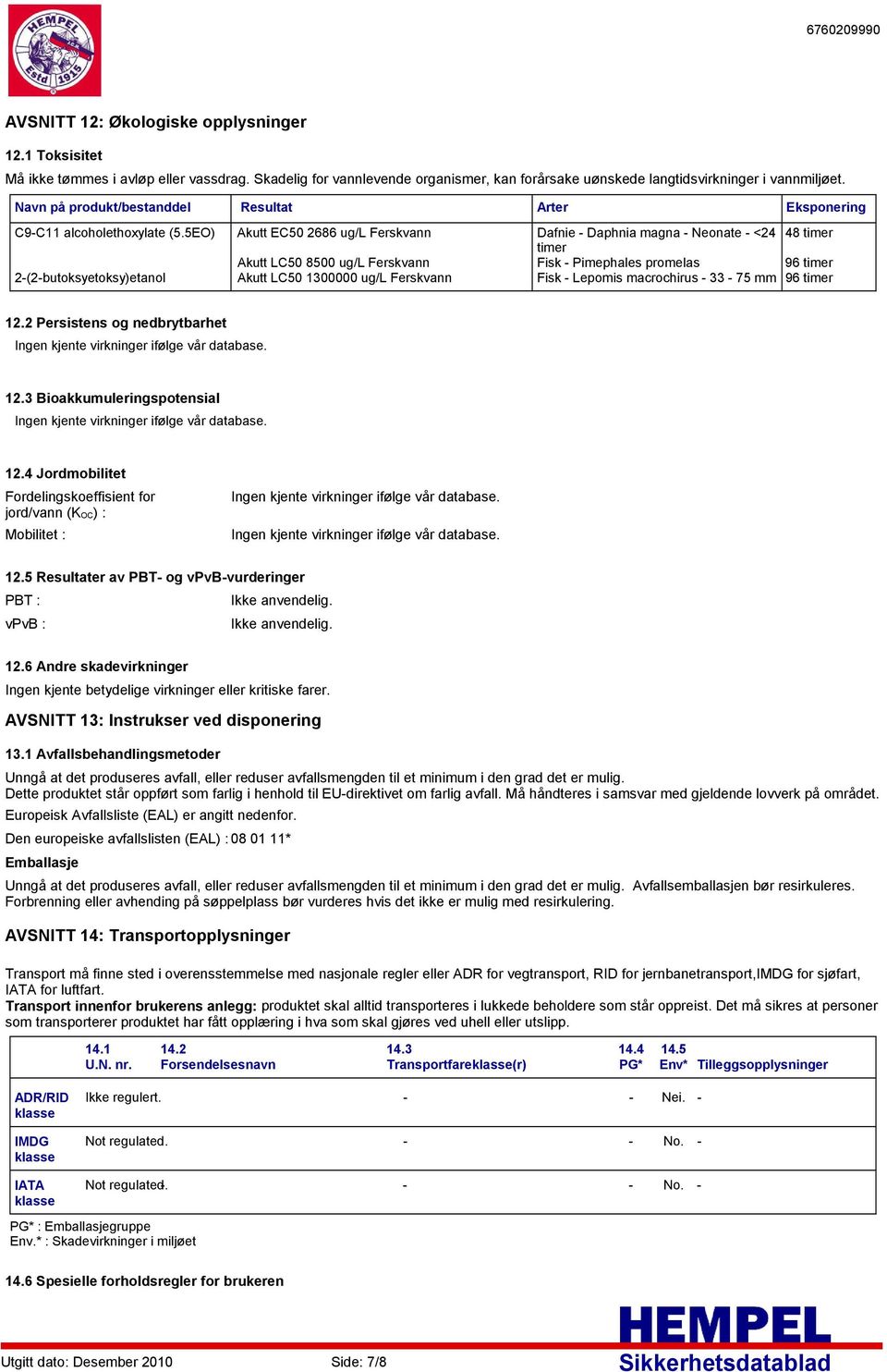 5EO) Akutt EC50 2686 ug/l Ferskvann Dafnie Daphnia magna Neonate <24 48 timer timer Akutt LC50 8500 ug/l Ferskvann Fisk Pimephales promelas 96 timer 2(2butoksyetoksy)etanol Akutt LC50 1300000 ug/l