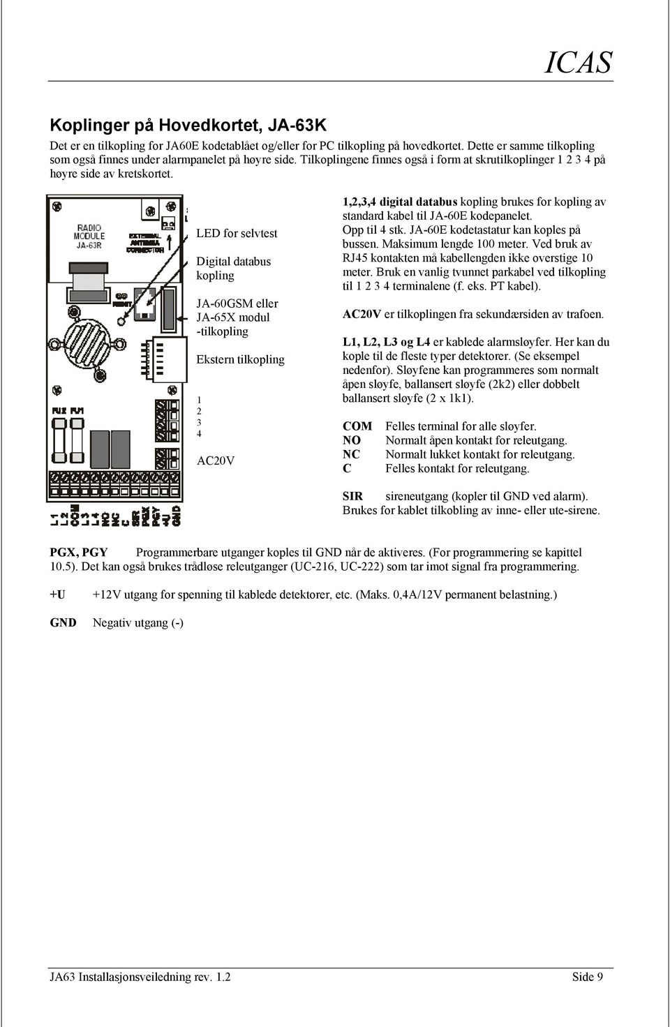 LED for selvtest Digital databus kopling JA-60GSM eller JA-65X modul -tilkopling Ekstern tilkopling 1 2 3 4 AC20V 1,2,3,4 digital databus kopling brukes for kopling av standard kabel til JA-60E