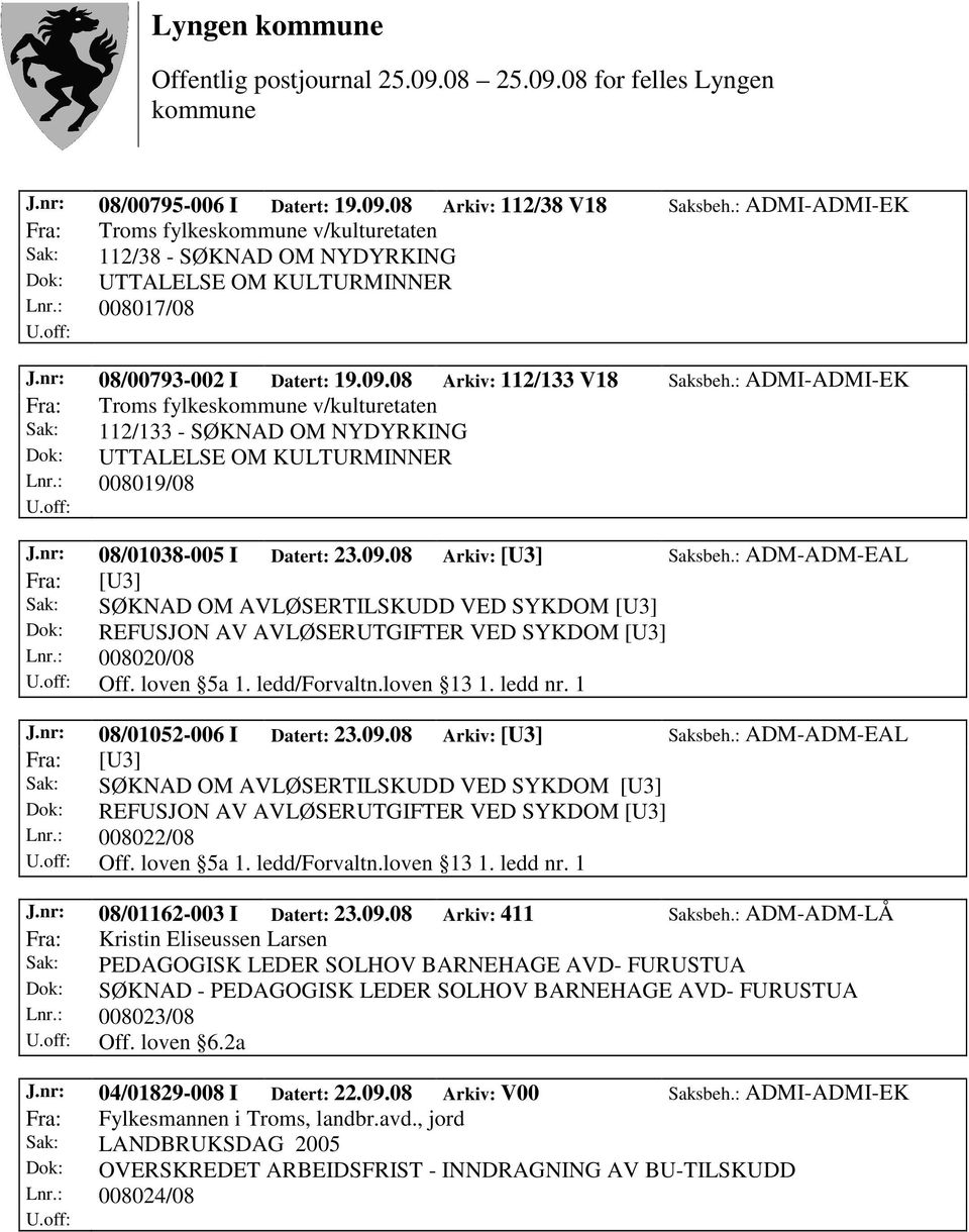 nr: 08/01038-005 I Datert: 23.09.08 Arkiv: [U3] Saksbeh.: ADM-ADM-EAL Fra: [U3] Sak: SØKNAD OM AVLØSERTILSKUDD VED SYKDOM [U3] Dok: REFUSJON AV AVLØSERUTGIFTER VED SYKDOM [U3] Lnr.: 008020/08 Off.