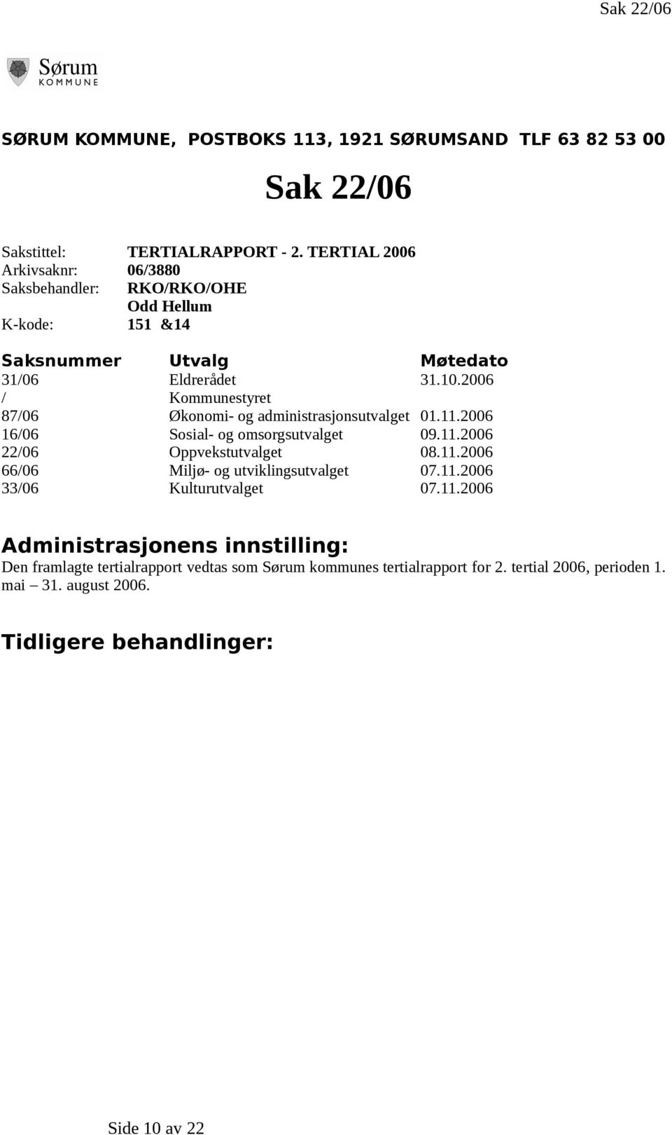 2006 / Kommunestyret 87/06 Økonomi- og administrasjonsutvalget 01.11.2006 16/06 Sosial- og omsorgsutvalget 09.11.2006 22/06 Oppvekstutvalget 08.11.2006 66/06 Miljø- og utviklingsutvalget 07.