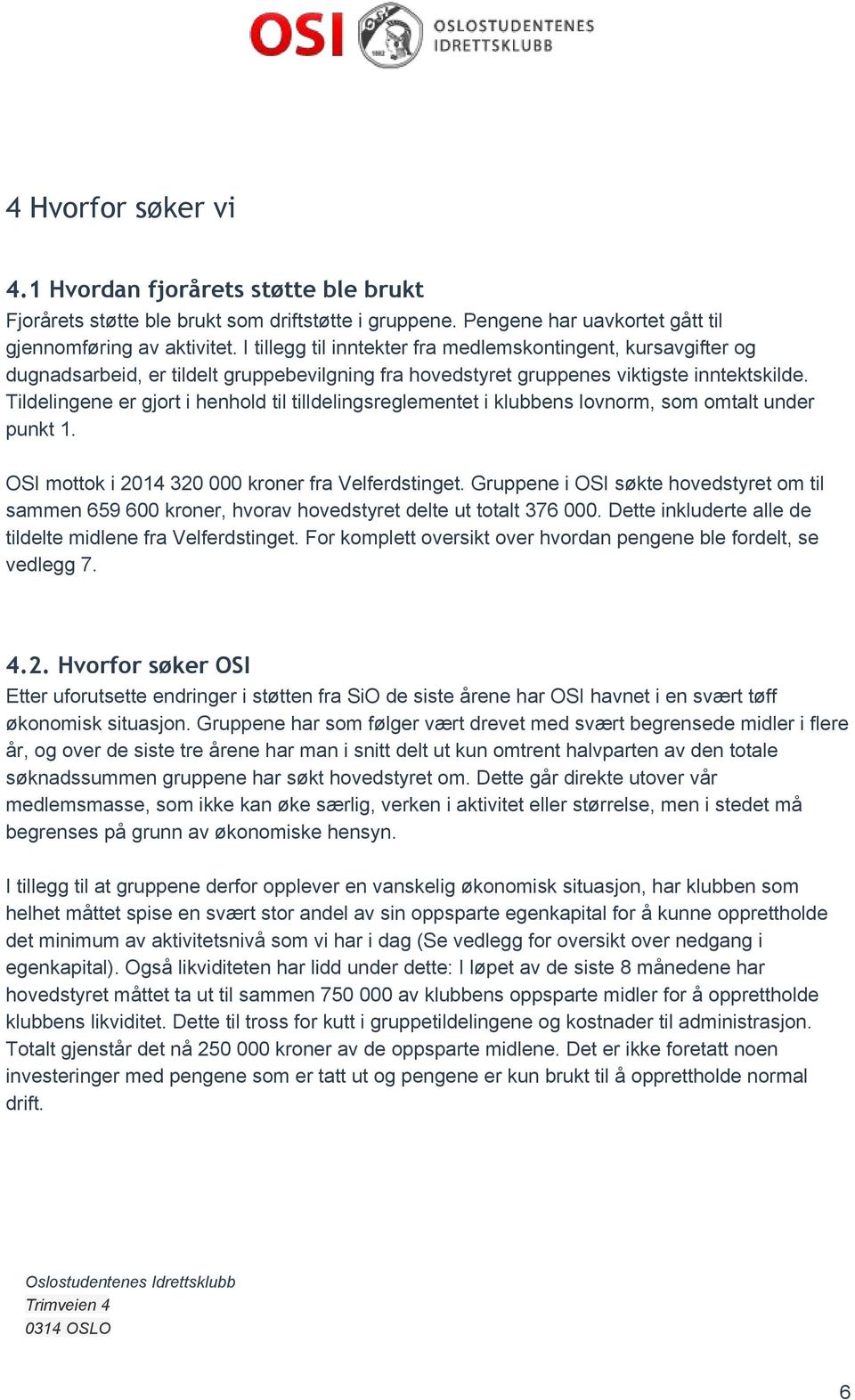 Tildelingene er gjort i henhold til tilldelingsreglementet i klubbens lovnorm, som omtalt under punkt 1. OSI mottok i 2014 320 000 kroner fra Velferdstinget.