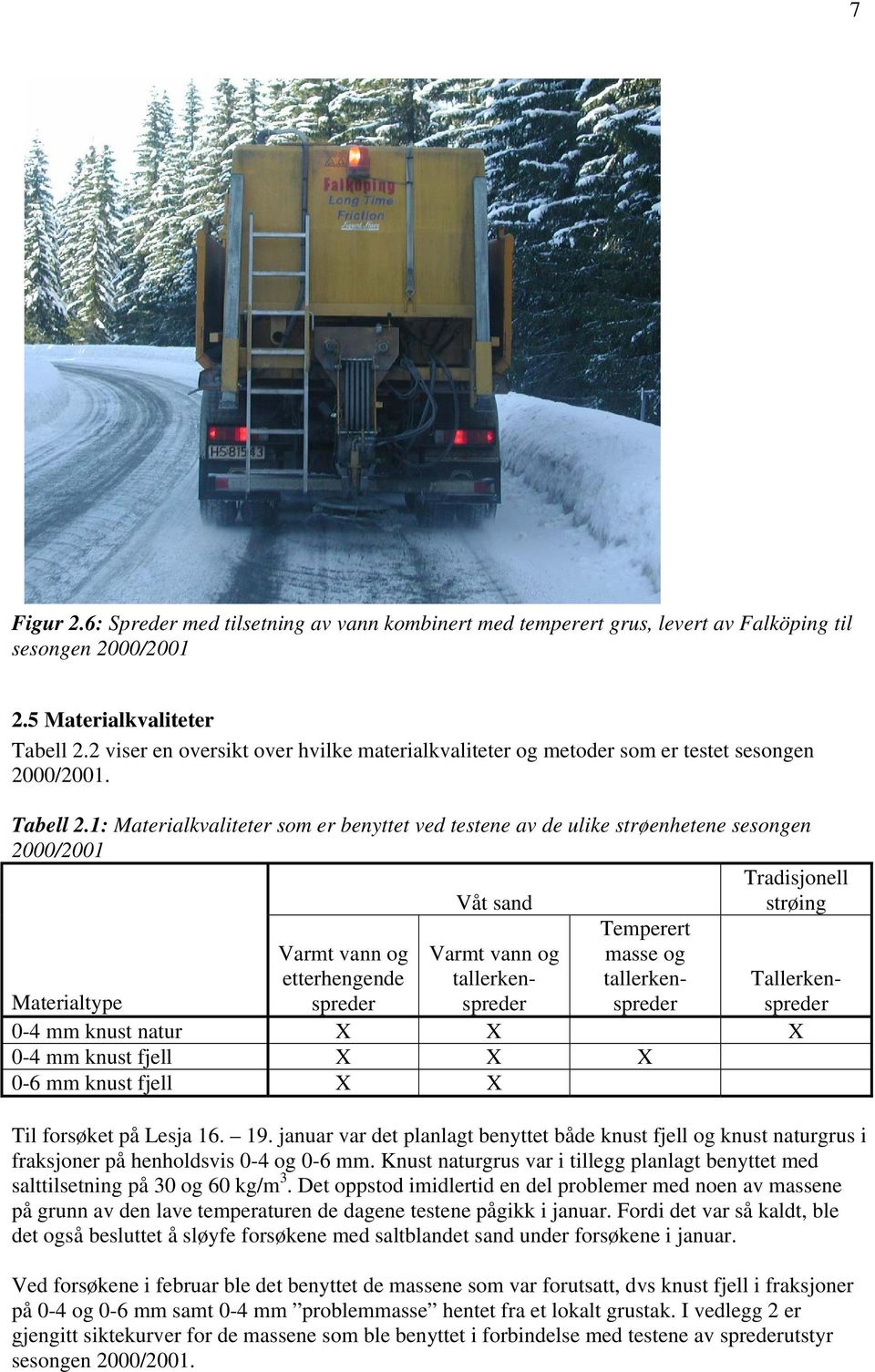 1: Materialkvaliteter som er benyttet ved testene av de ulike strøenhetene sesongen 2/21 Varmt vann og etterhengende spreder Våt sand Varmt vann og tallerkenspreder Tradisjonell strøing Temperert