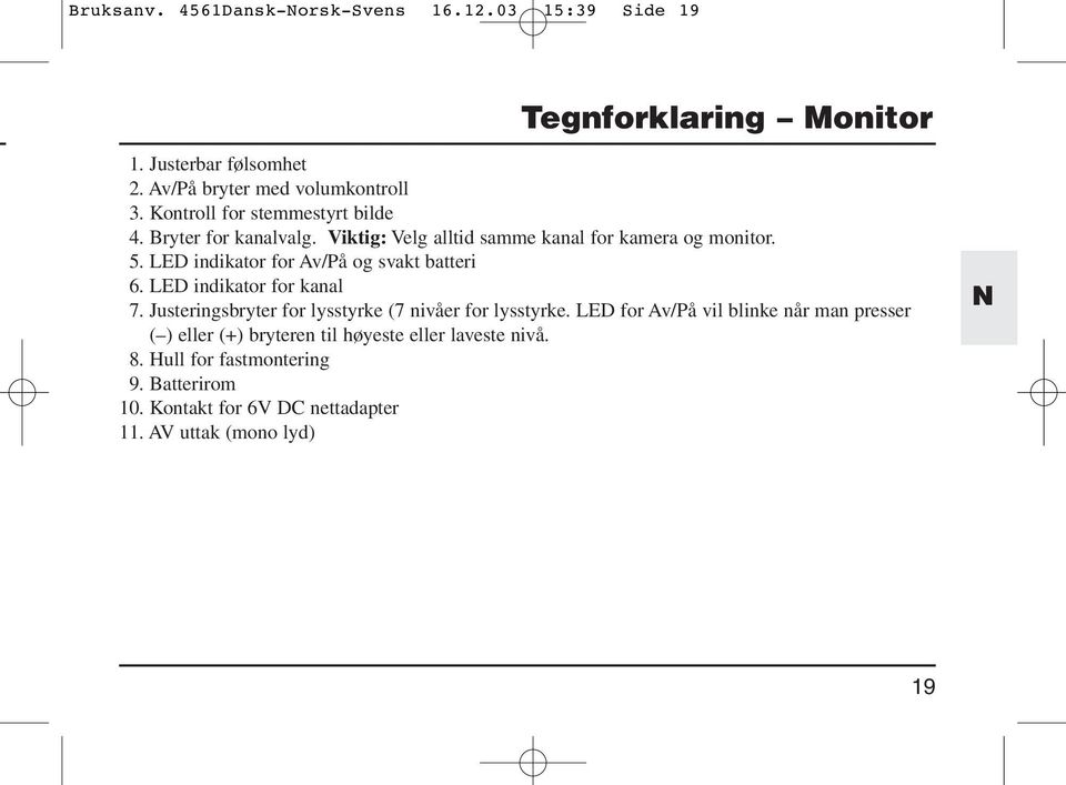 LED indikator for Av/På og svakt batteri 6. LED indikator for kanal 7. Justeringsbryter for lysstyrke (7 nivåer for lysstyrke.