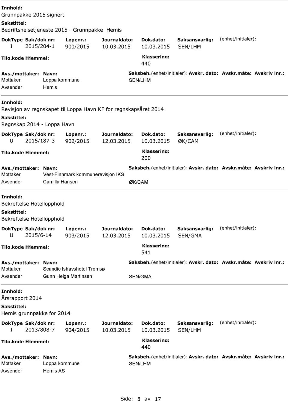 : Mottaker Vest-Finnmark kommunerevisjon KS Camilla Hansen ØK/CAM Bekreftelse Hotellopphold Bekreftelse Hotellopphold 2015/6-14 903/2015 SEN/GMA 541 Avs./mottaker: Navn: Saksbeh. Avskr. dato: Avskr.