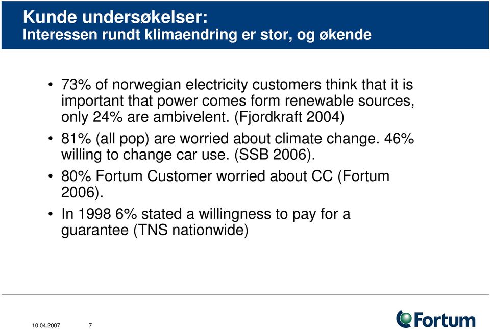 (Fjordkraft 2004) 81% (all pop) are worried about climate change. 46% willing to change car use. (SSB 2006).