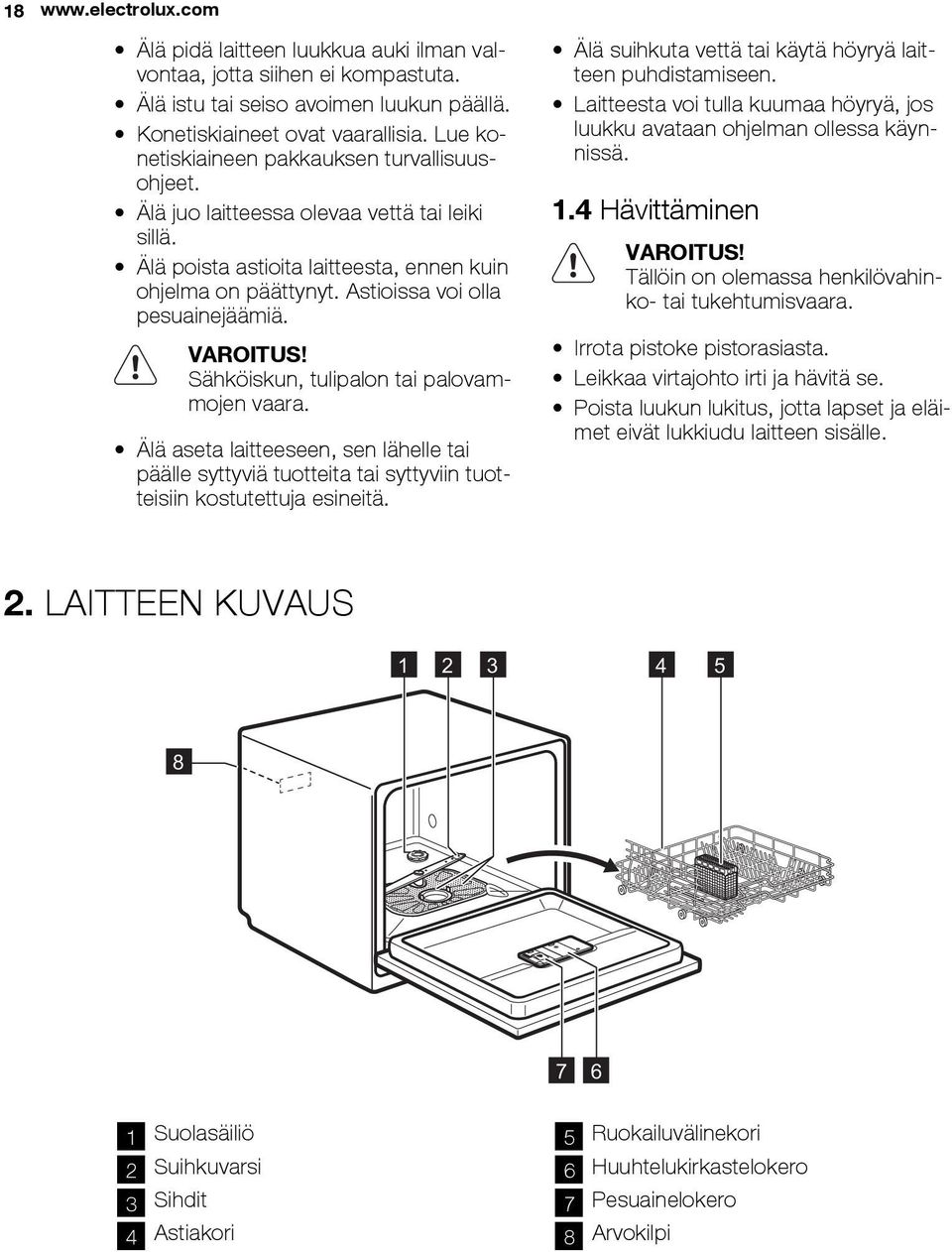 VAROITUS! Sähköiskun, tulipalon tai palovammojen vaara. Älä aseta laitteeseen, sen lähelle tai päälle syttyviä tuotteita tai syttyviin tuotteisiin kostutettuja esineitä.