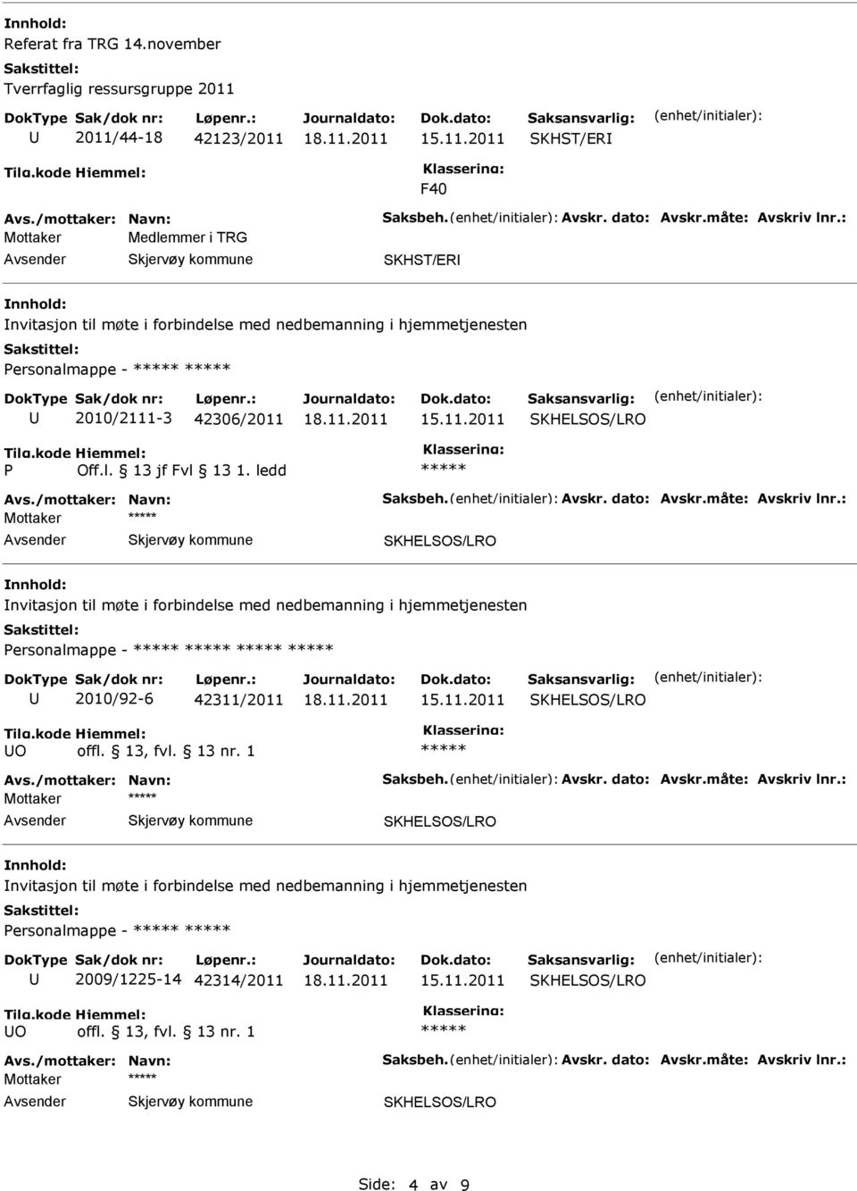 forbindelse med nedbemanning i hjemmetjenesten Personalmappe - 2010/2111-3 42306/2011 P Off.l. 13 jf Fvl 13 1.