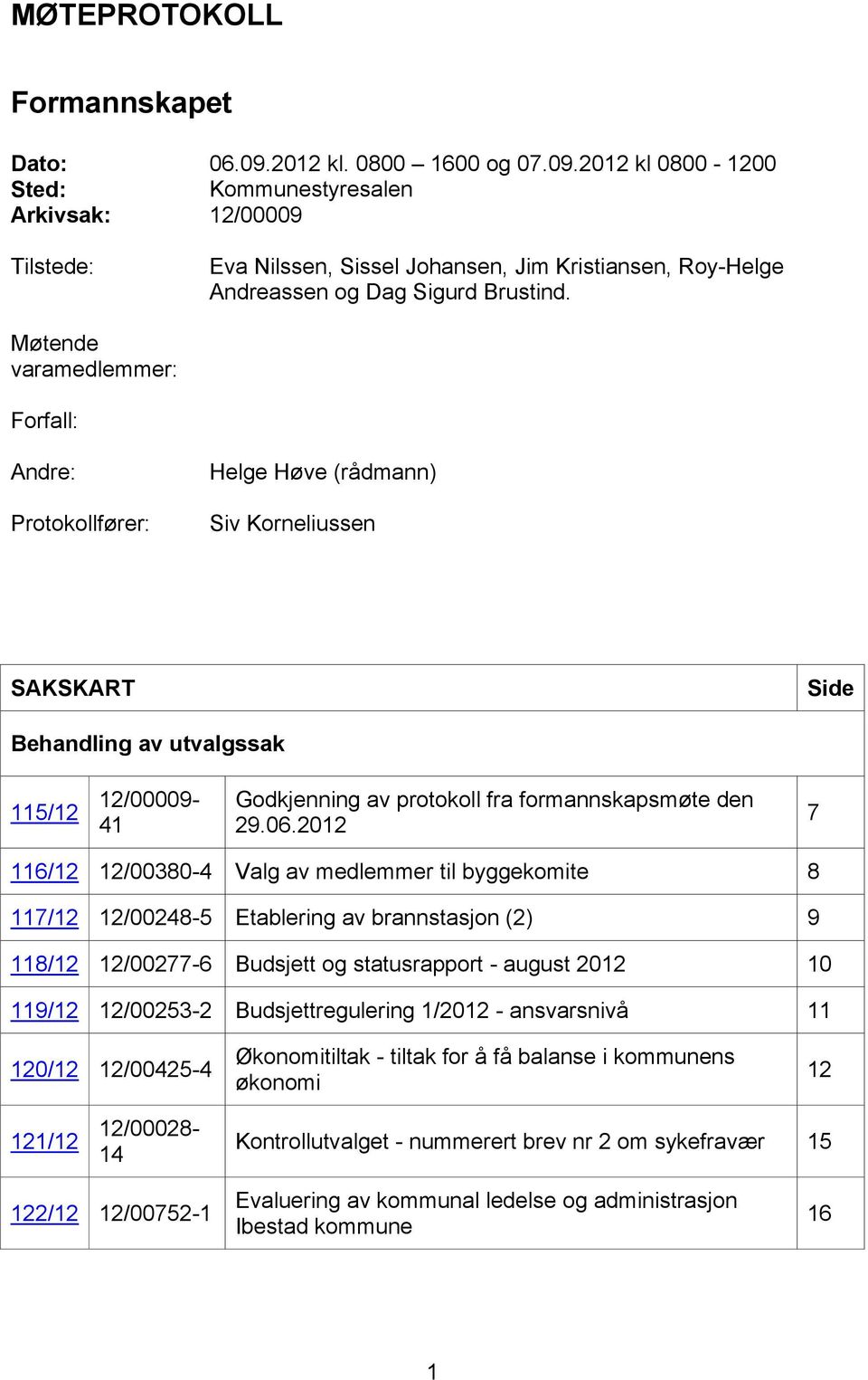 Møtende varamedlemmer: Forfall: Andre: Protokollfører: Helge Høve (rådmann) Siv Korneliussen SAKSKART Side Behandling av utvalgssak 115/12 12/00009-41 Godkjenning av protokoll fra formannskapsmøte