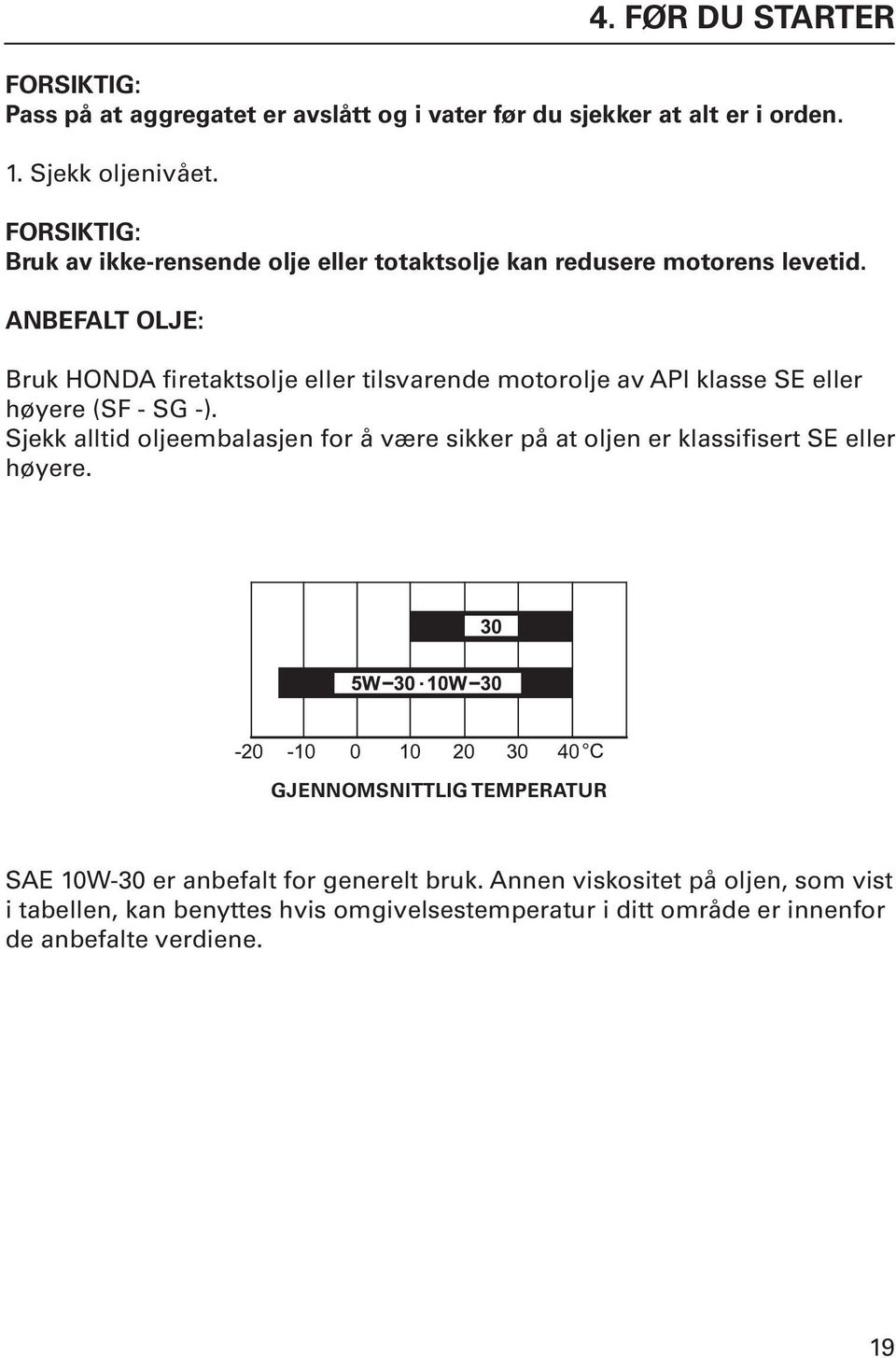 ANBEFALT OLJE: Bruk HONDA firetaktsolje eller tilsvarende motorolje av API klasse SE eller høyere (SF - SG -).