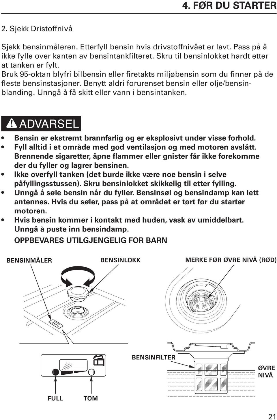 Benytt aldri forurenset bensin eller olje/bensinblanding. Unngå å få skitt eller vann i bensintanken. Bensin er ekstremt brannfarlig og er eksplosivt under visse forhold.