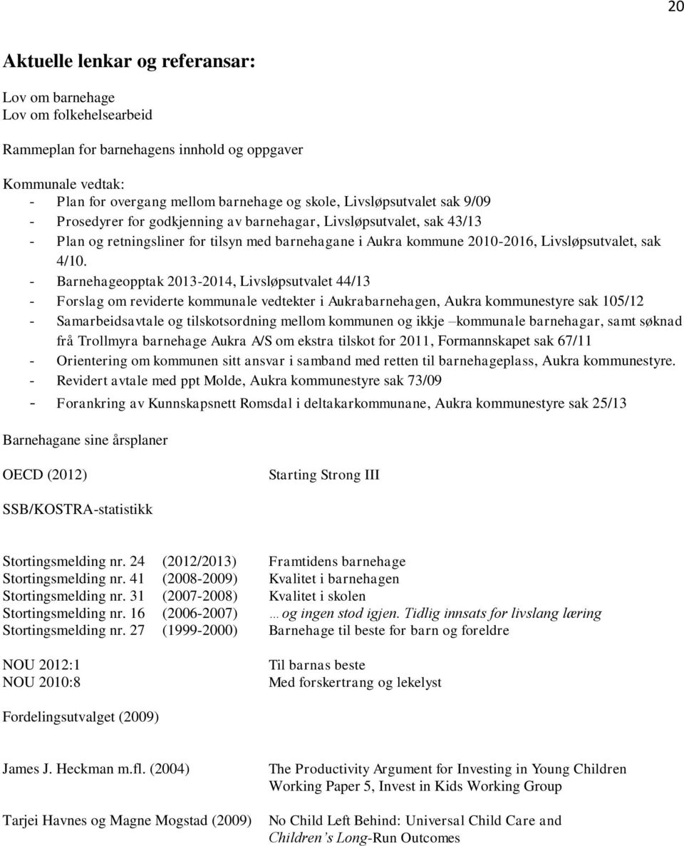 - Barnehageopptak 2013-2014, Livsløpsutvalet 44/13 - Forslag om reviderte kommunale vedtekter i Aukrabarnehagen, Aukra kommunestyre sak 105/12 - Samarbeidsavtale og tilskotsordning mellom kommunen og