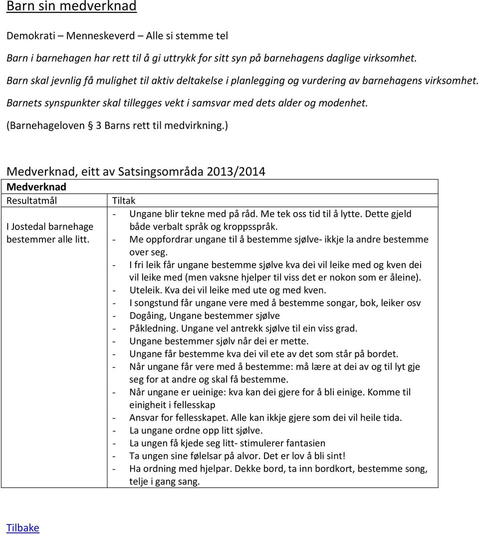 (Barnehageloven 3 Barns rett til medvirkning.) Medverknad, eitt av Satsingsområda 2013/2014 Medverknad Resultatmål I Jostedal barnehage bestemmer alle litt. Tiltak - Ungane blir tekne med på råd.